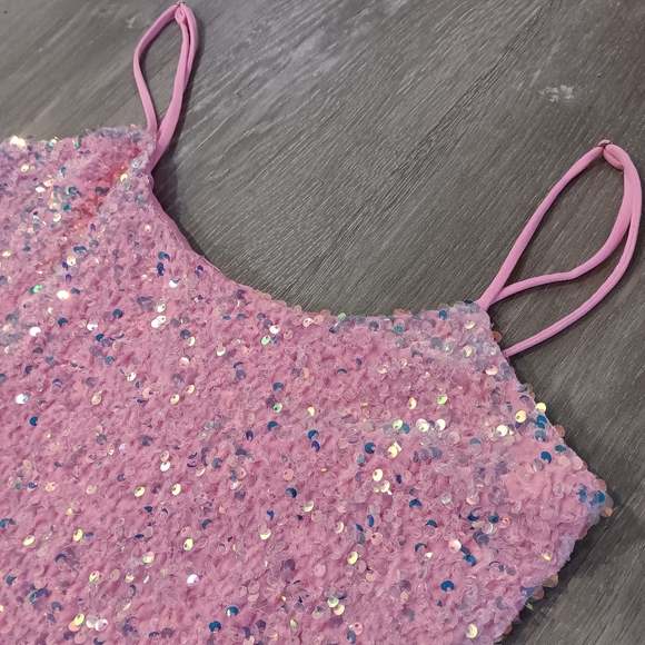 Lucy in the Sky Iridescent Pink Crystal Sequin Bodycon Mini Dress - Picture 3 of 12